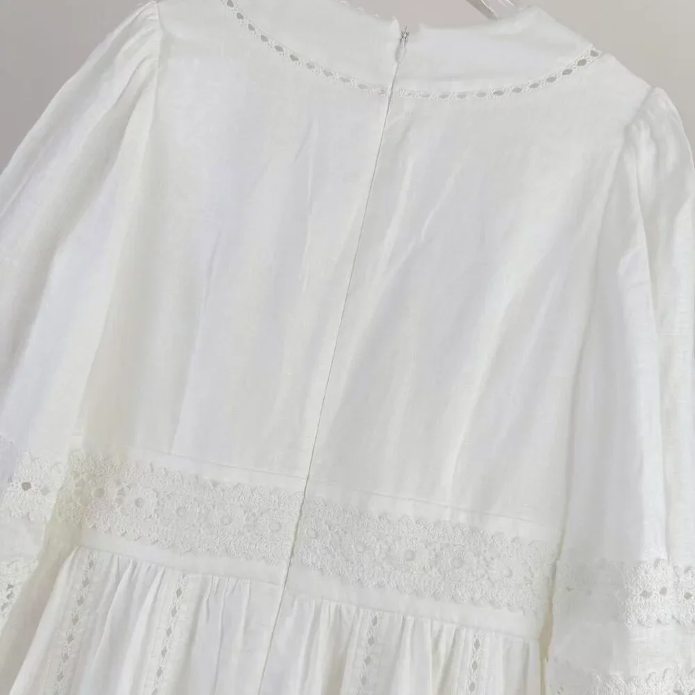 Romantic White Lace Dress: V - Neck, Puff Sleeves & Tiered Skirt - Picture 2 of 8